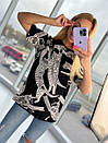 Стильна жіноча літня футболка туніка оверсайз зі стразами "Кошка", ТУРЦІЯ, 48-50, 50-52, 52-54, фото 2