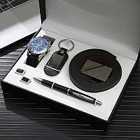 Мужской подарочный набор: ремень, ручка, брелок, часы, запонки M975