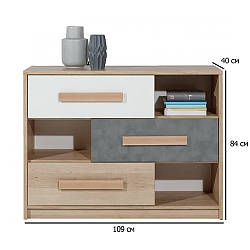 Комод з відкритими полицями та висувними ящиками Сокме Айго 1100 3Ш бук пісочний з фасадами білий і пельтро