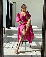 Женское платье / сарафан с коротким рукавом, однотонное, на запах (жатый лён) черное, розовое, малиновое