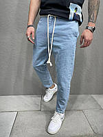Стильные мужские широкие джинсы Турецкие MOM синие базовые на шнурке