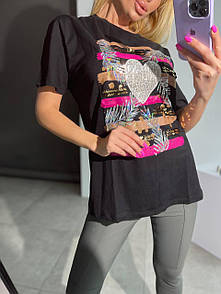 Модна вільна жіноча футболка подовжена зі стразами "Amore" 50-52,48-50,52-54