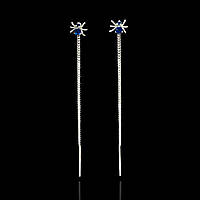 Срібні сережки-протяжки Павучки із синіми фіанітами