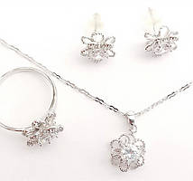 Набір: сережки 11 мм, кулон 18 мм, каблучка 18р, ланцюжок 38.5-43.5 см. Родій. Камені: білий циркон.