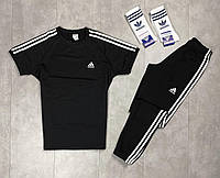 Комплект мужской летний Штаны + Футболка с лампасами Adidas (Адидас) черный Спортивный костюм ТОП качества