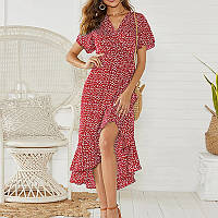 Жіноча шифонова сукня-максі з квітковим принтом V-подібним вирізом і воланами, розмір XL, червоний колір