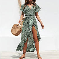 Жіноча шифонова сукня-максі з квітковим принтом V-подібним вирізом і воланами, розмір XL, зелений колір