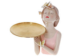 Декоративная статуэтка с тарелкой ,, Бабочки,, 18.2*15.5*27см, поднос 16см,  цвет - розовый (457-311)