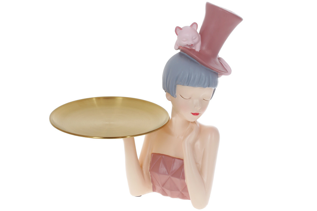 Декоративна статуетка з тарілкою, Дівчинка з кішкою, 25*17*29 см, таця 16 см. колір — рожевий (457-313)