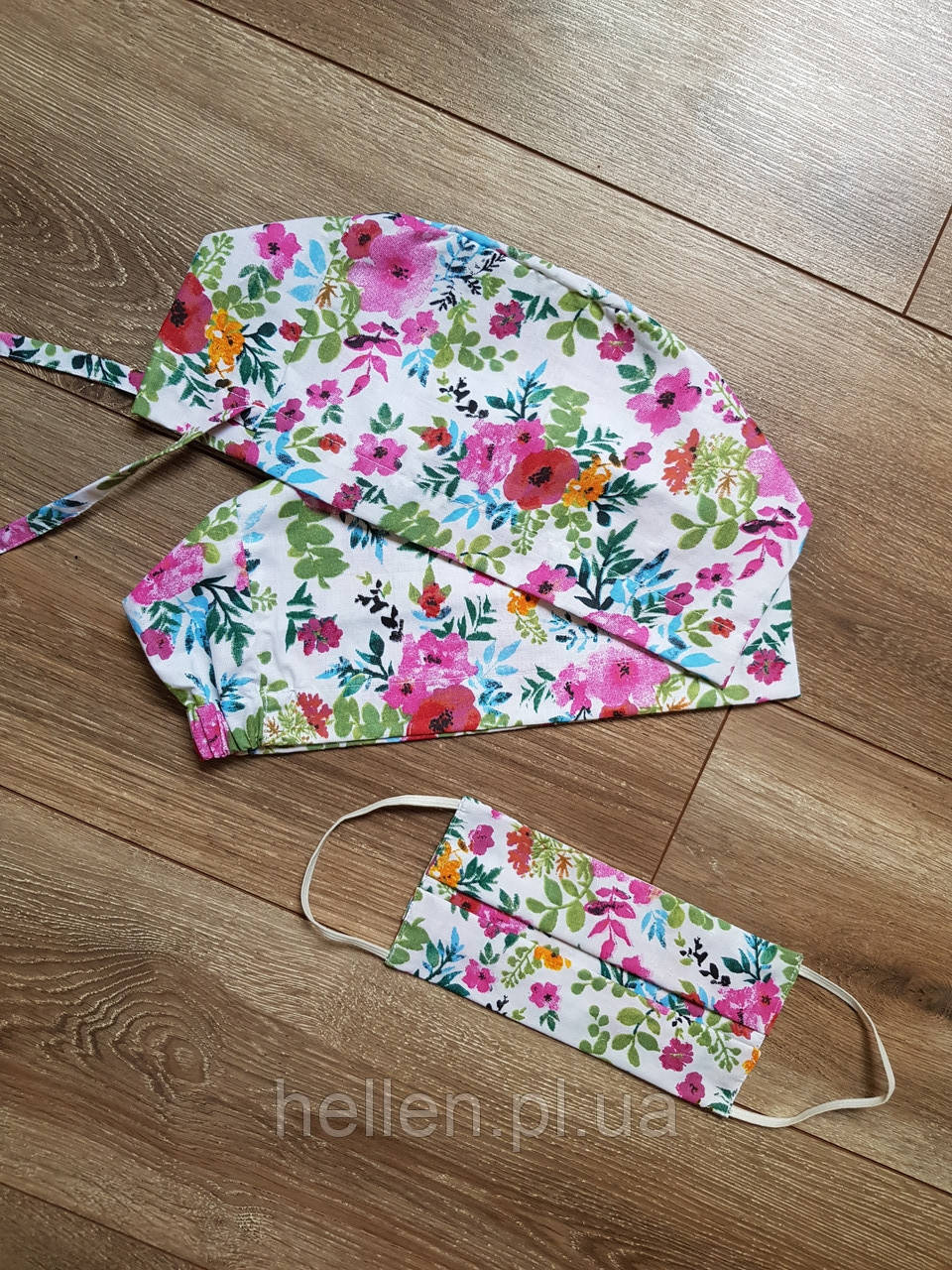 Набір  медична шапочка + маска "Квіти 1" РОЗМІР 64
