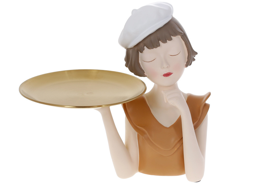 Декоративна статуетка з тарілкою, Дівчинка в береті, 21*10.5*26 см, таця 16 см, колір — кориця (457-319)