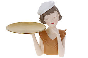 Декоративна статуетка з тарілкою, Дівчинка в береті, 21*10.5*26 см, таця 16 см, колір — кориця (457-319)