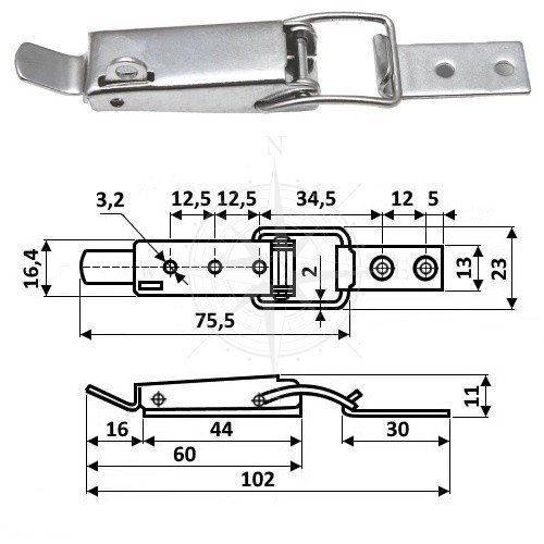 Засувка судова важільна з провушиною 102 мм неіржавка сталь Osculati