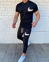 Мужской стильный приталенный лёгкий комплект поло и штаны чёрный