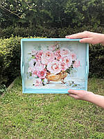 Бірюзовий дерев'яний Піднос з трояндами 26,5*22см