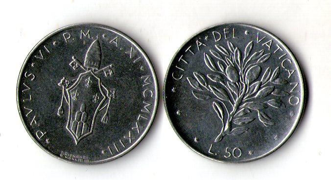 Ватикан 50 лір 1970-1976 папа Павло VI No1011
