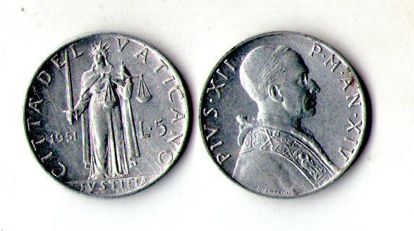 Ватикан 5 лір, 1951.1952 рік Папа Пій XII No142