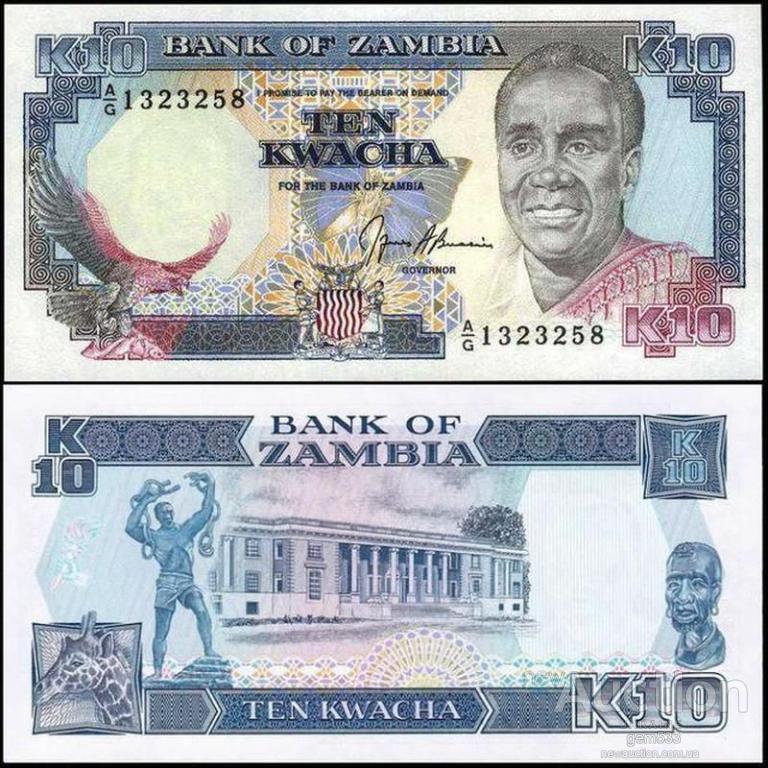 ЗАМБИЯ 10 квача (1989-91г). UNC No356