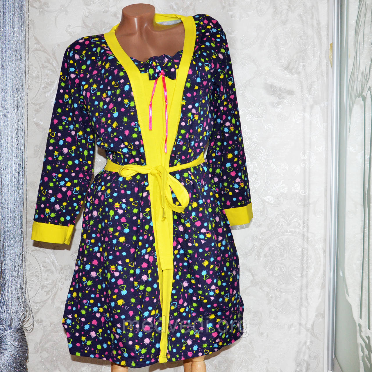 Розмір S (40-42). Бавовняна піжама двійка, ночнушка і халат, синьо-жовтого кольору, Туреччина, фото 1