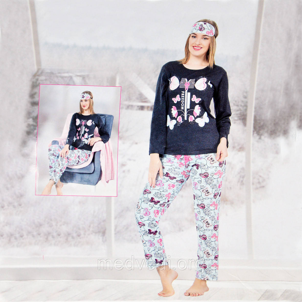 Розмір L (46-48). Жіночий домашній костюм-піжама, блакитно-сірий, двійка, кофта та штани, маска для сну, Туреччина, фото 1