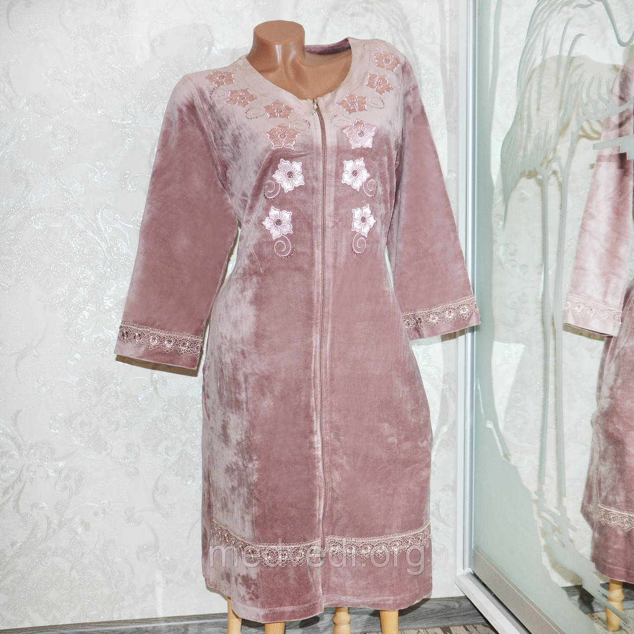 Розмір 46 (M). Жіночий рожевий велюровий халат х/б, на блискавці, з поясом, бавовняний халатик Туреччина