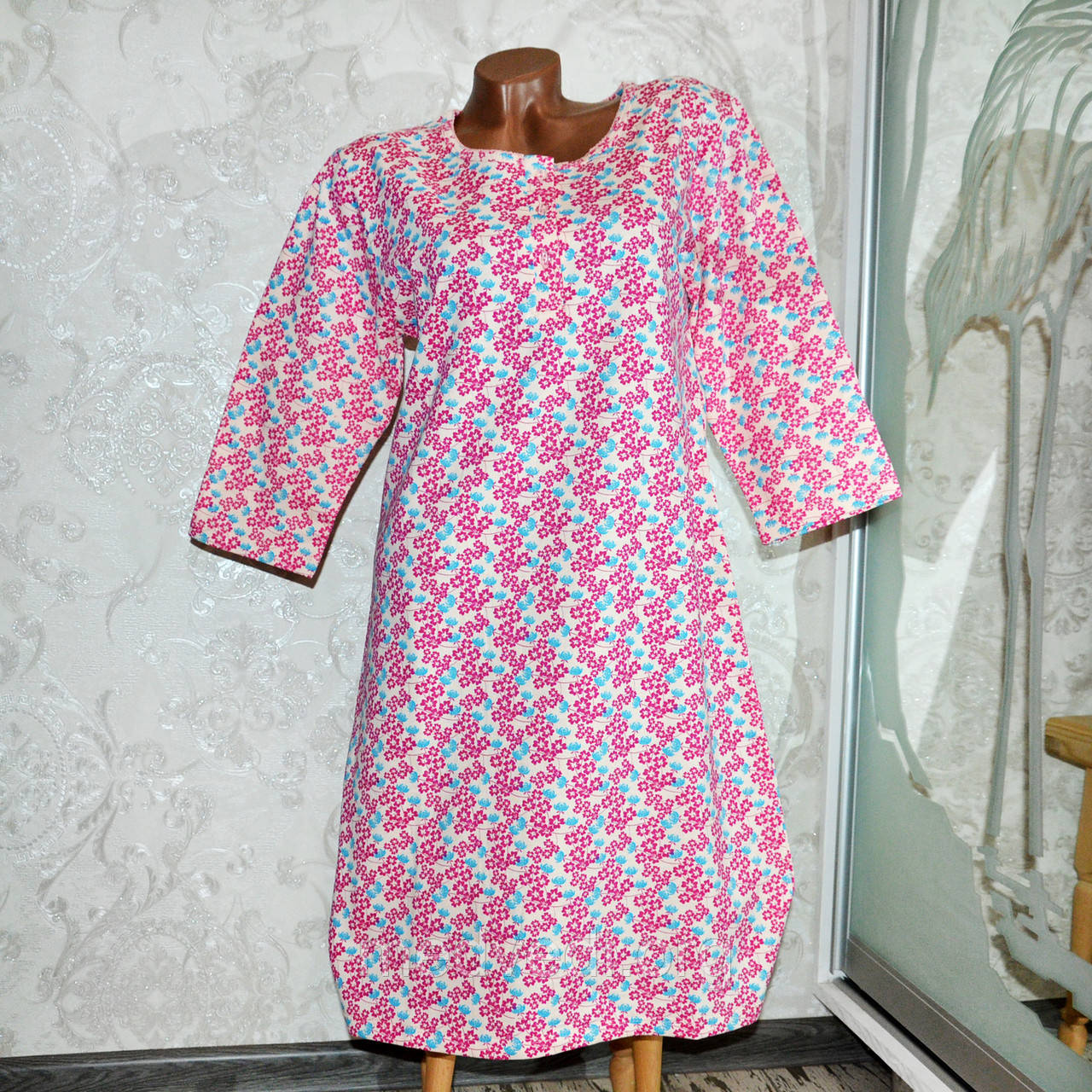 Великі розміри 48, 50, 52 Тепла жіноча нічна сорочка для сну, рожева ночнушка 100% бавовна, на байку