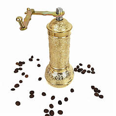 Турецька механічна ручна кавомолка  SOZEN жорна для помелу під турку металева 18см золотава