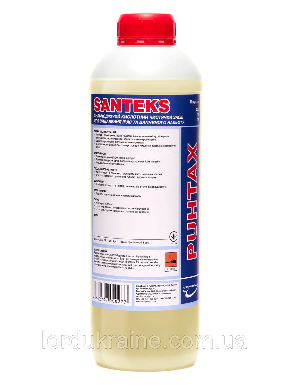 Сильнодіючий кислотний миючий засіб для видалення іржі та вапняного нальоту SANTEKS, (1 л) T-Puhtax