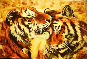 Картина з бурштину "Тигри"