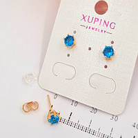 Серьги гвоздики золотые с голубым камнем Xuping, женские сережки с синим камнем под золото бижутерия топ