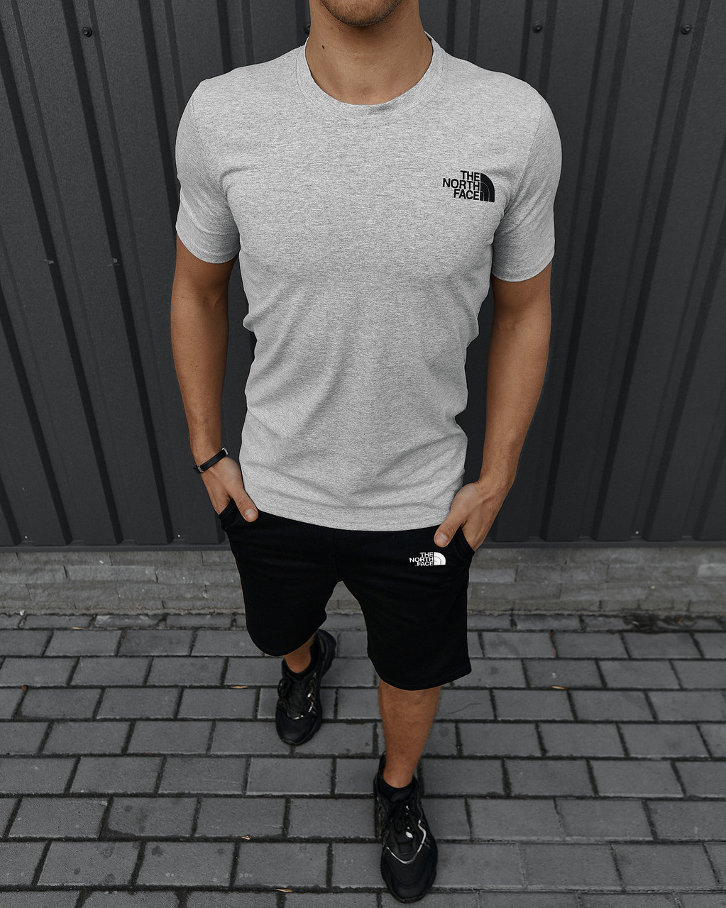 Літній костюм чоловічий шорти футболка The North Face спортивний комплект тнф сірий, фото 1