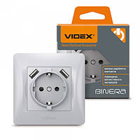 Розетка одинарна із заземленням і 2 USB срібний шовк VIDEX BINERA