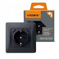 Розетка одинарна із заземленням і 2 USB чорний графіт VIDEX BINERA