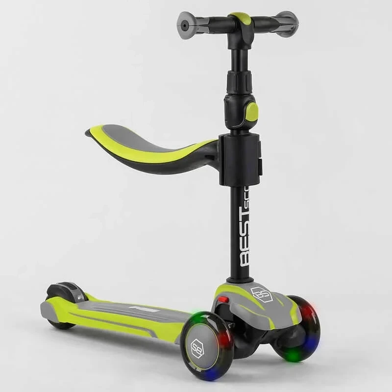 Самокат із сидінням триколісний Best Scooter салатовий алюмінієвий кермо колеса PU зі світлом