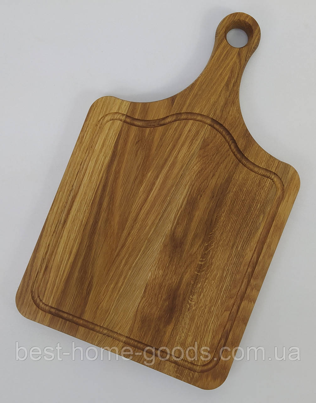 Кухонна дерев’яна дошка з ручкою 39,5×25×2 см з дуба — стильна обробна дошка з канавкою та отвором для підвішування, фото 1