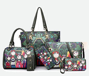 Зелена жіноча сумка з тематичним малюнком набір 6в1