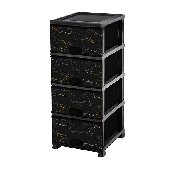 Пластиковий комод на 4 ящика Elif з малюнком "Marble" black