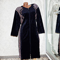 Розмір 50 (XL). Жіночий темно-синій велюровы халат х/б, на блискавку, з поясом, бавовняний халатик Туреччина