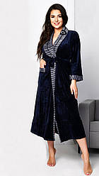 Жіночий синій велюровий халат х/б, на запах, з поясом, бавовняний теплий халатик. Розмір 52 (2XL).