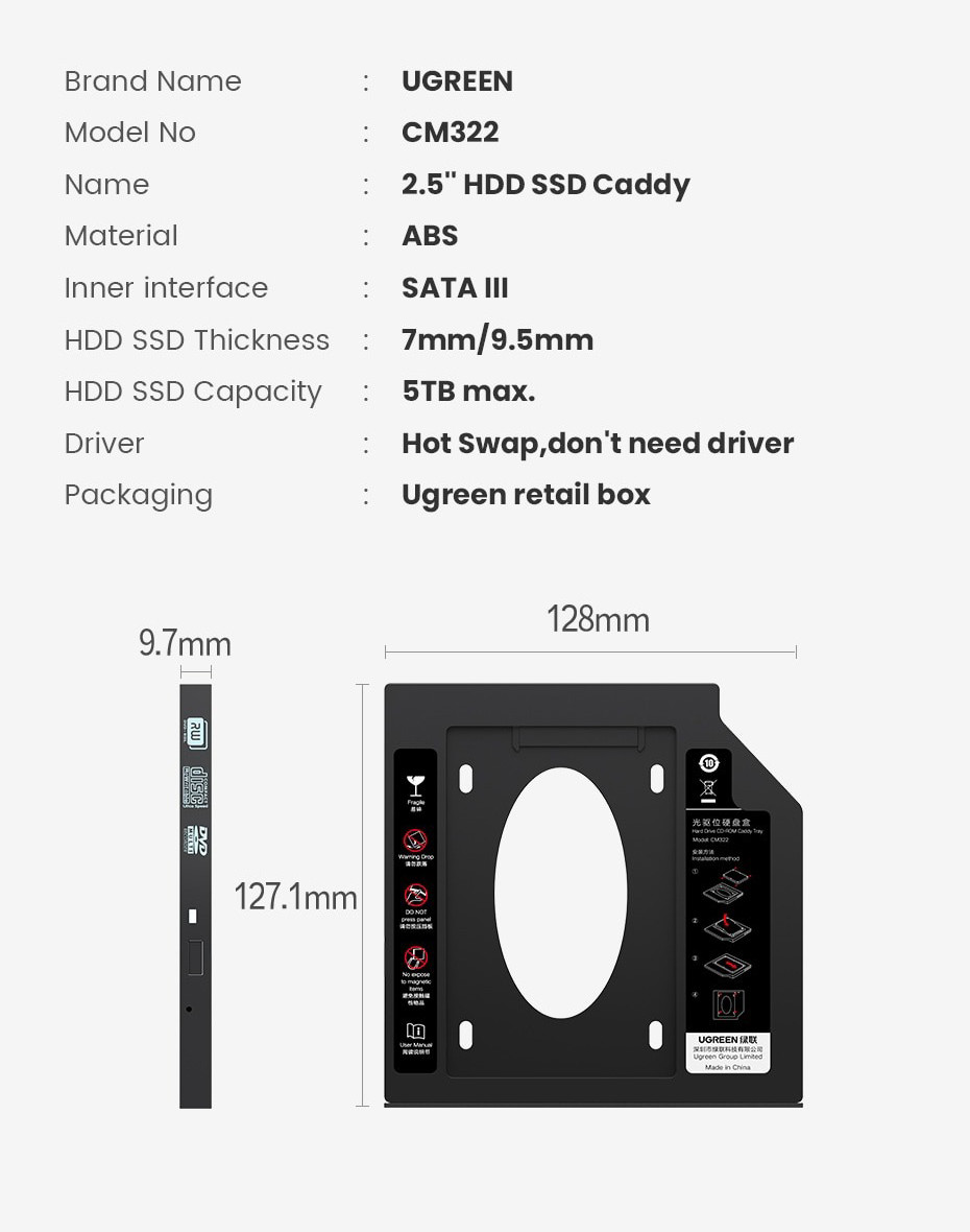 Карман-адаптер Ugreen CM322 9.5мм для подключения 2.5" HDD/SSD SATA 3.0 в ноутбук 70657 - фото 9 - id-p1610721993