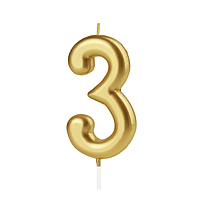 Свічка цифра 3 у торт лита 14см | Золото