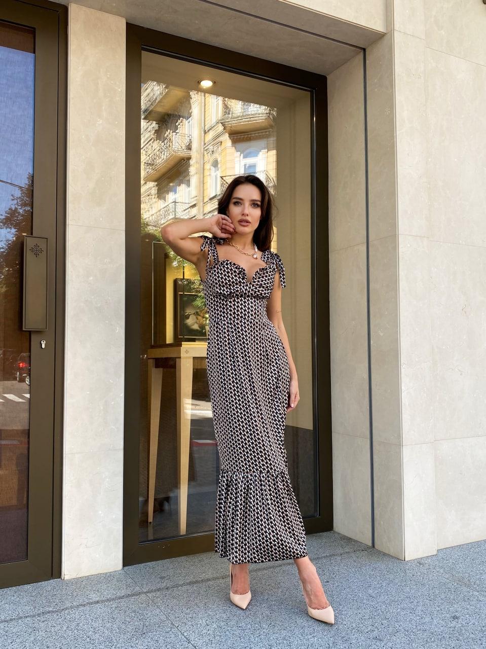 Платье Міді Гретта жіноче з принтованого шовку на брунатках з зав'язками і з оббіркою в принт Smf7164