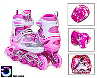Детские Ролики + Шлем + Защита HAPPY Розовый цвет размер 27-30, 29-33, 34-37, 38-42