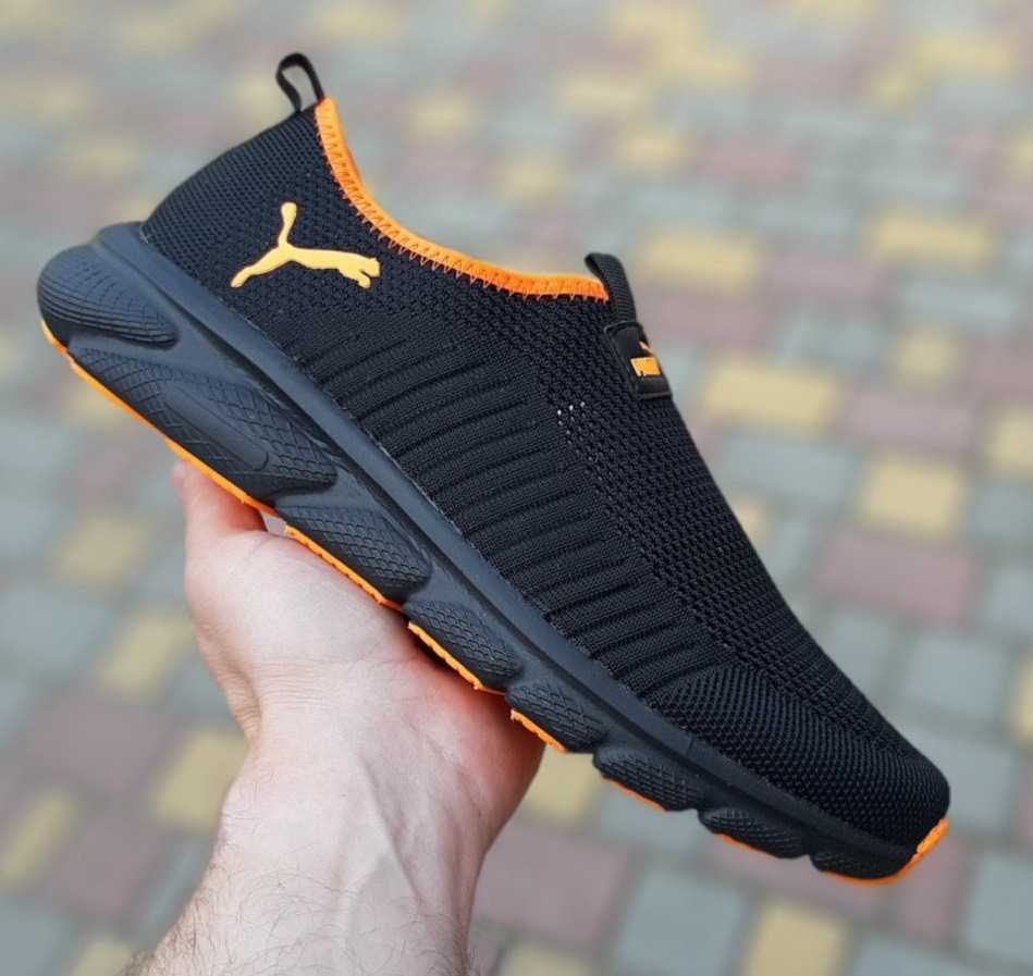 Жіночі кросівки Puma літні тапки в сітку весна-літо легкі чорні з поморанчевим. Живе фото, фото 1