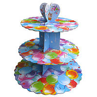 Стенд трёхъярусный картонный круглый для капкейков разноцветные шарики Empire 0308