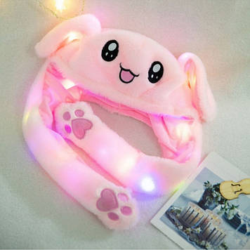 Карнавальна шапка з підсвічуванням рожевий зайчик з вухами, що піднімаються.