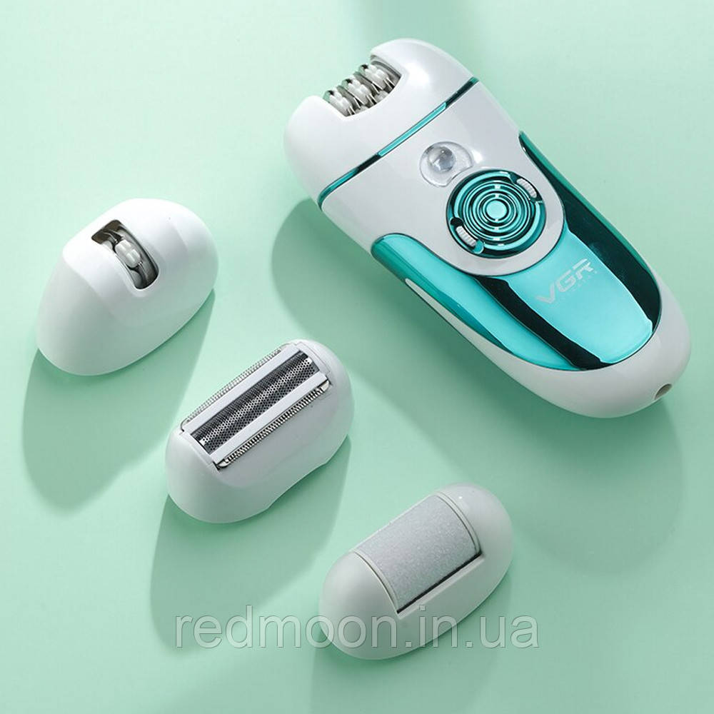 Епілятор VGR V-700 4в1 з 4 змінними насадками / Бездротовий жіночий епілятор з підсвічуванням, фото 1