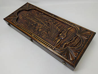 Подарункові різьблені нарди з дерева ручної роботи "Фрегат" 60 см * 50 см.