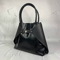 Женская сумка "Флай" натуральная кожа, черная с плетенкой