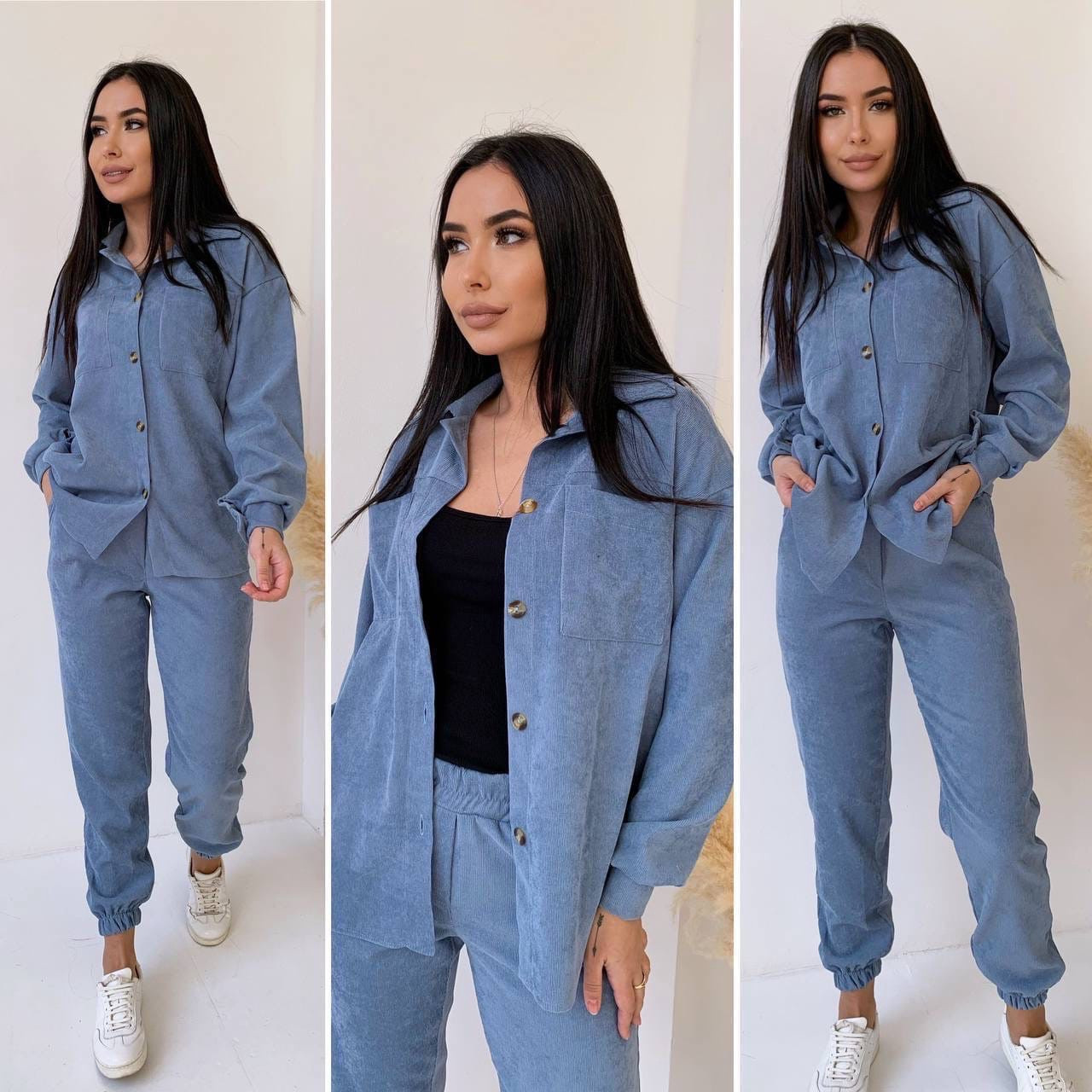 Жіночий брючний прогулянковий костюм Oversize мікровельвет рубашка и штаны